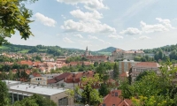 Vista panoramica del centro storico di Cesky Krumlov, Repubblica Ceca